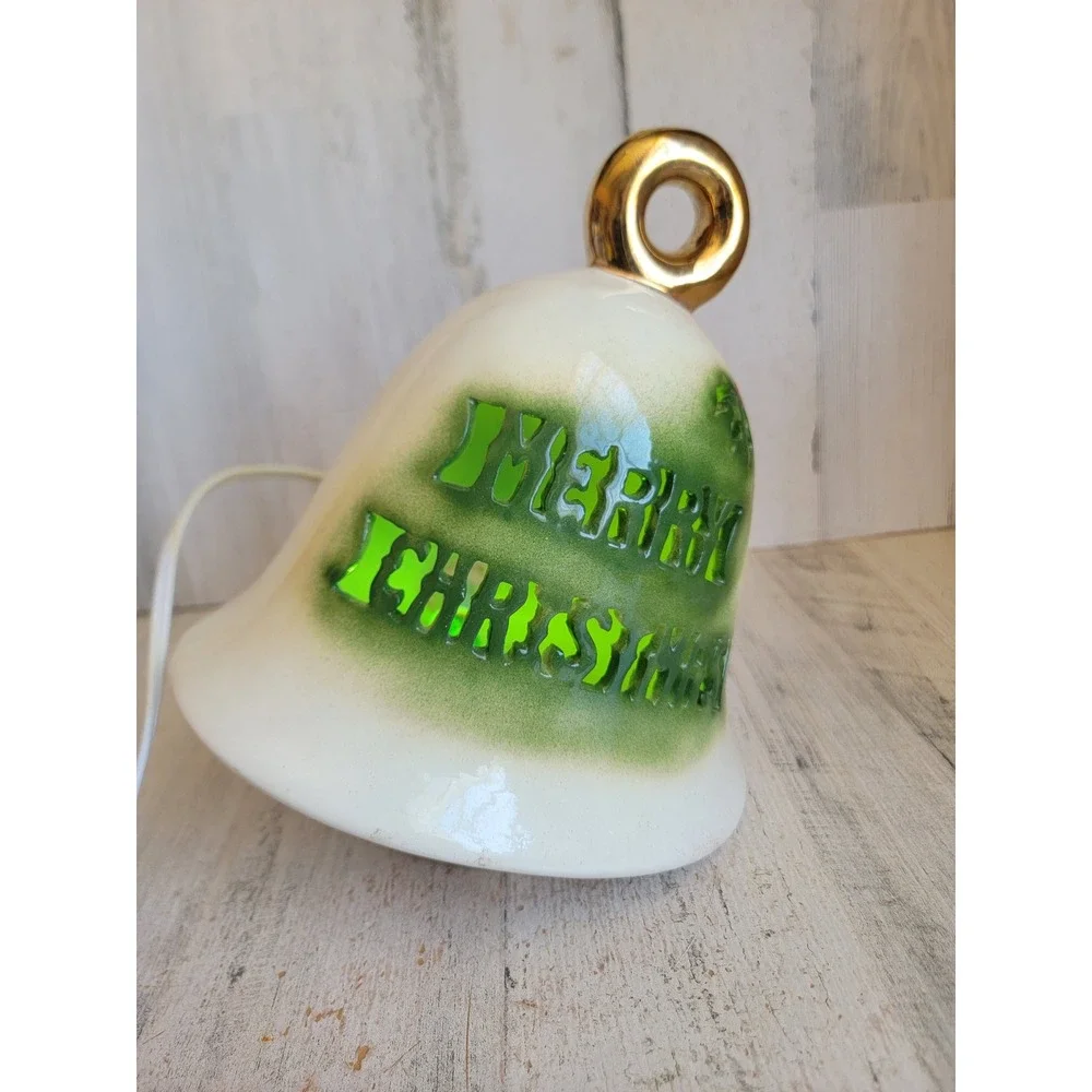 Large vintage Merry Christmas ceramic bell light up mistletoe white unique home